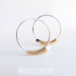 925 Sterling Silver Hammered Open Threader Hoop Earrings Wire Wrapped In Gold